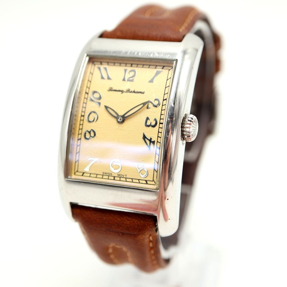 Vintage Tommy Bahama Swiss Tank Watch 28mm Champagne Curved Dial w New Battery